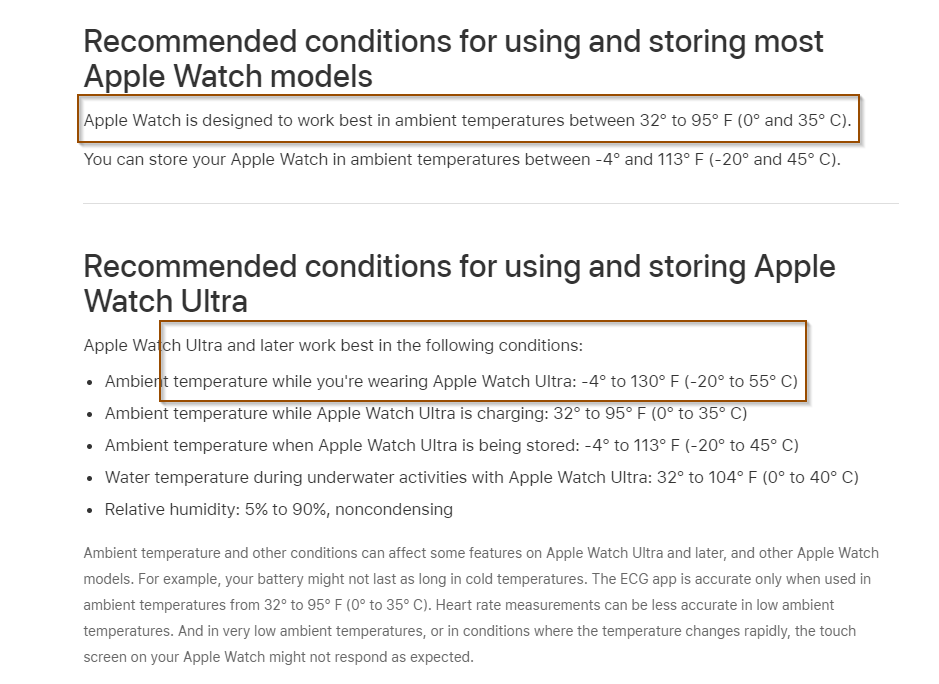 Apple's official manual on apple watch's recommended condition